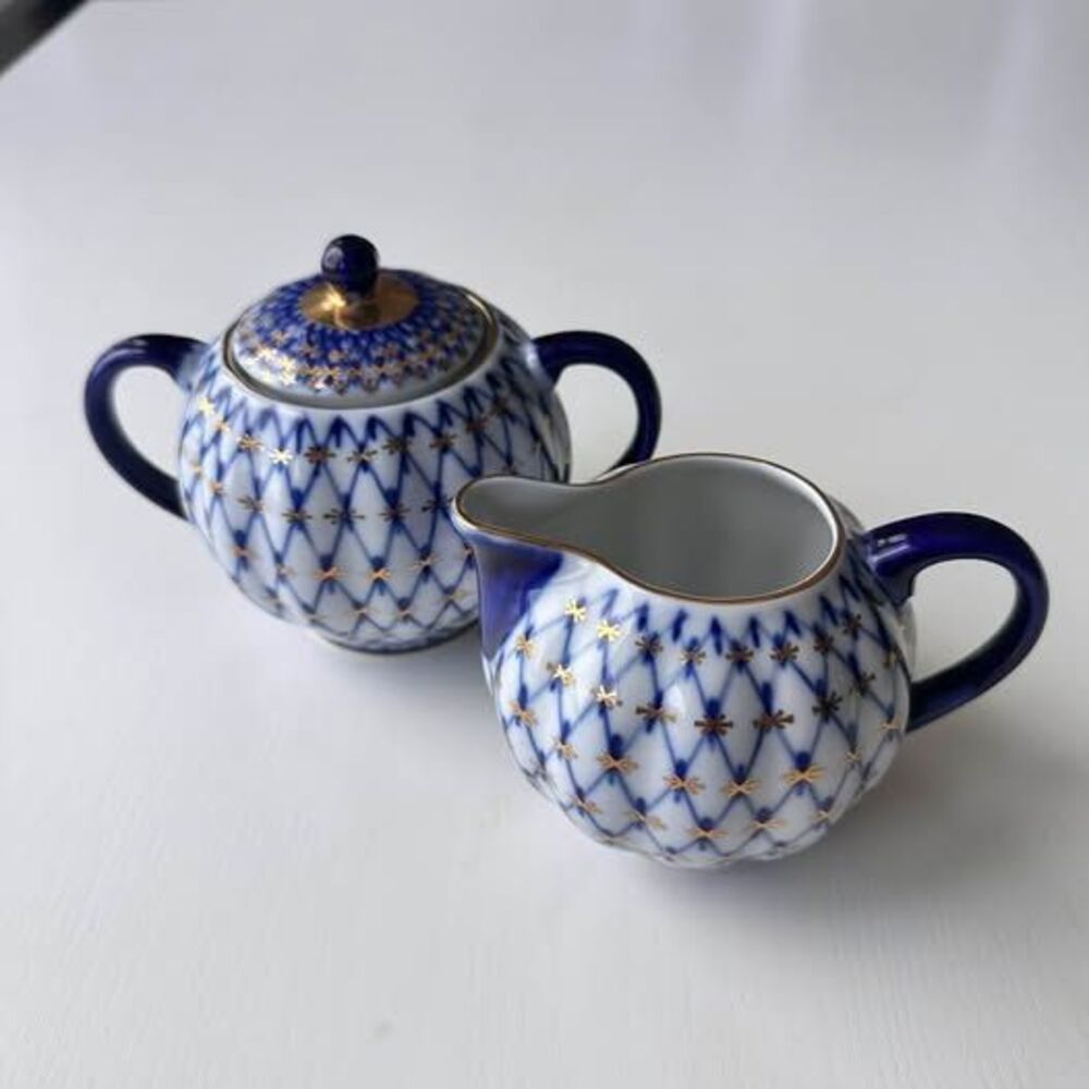 Vintage USSR Lomonosov LFZ Cobalt Net Sugar Bowl Creamer Set 22k Gold Porcelain